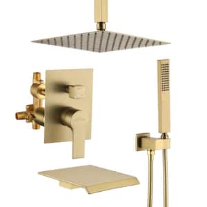 Ceiling Mount Single-Handle 1-Spray Tub and Shower Faucet in Brushed Gold - 10 Inch (Valve Included)