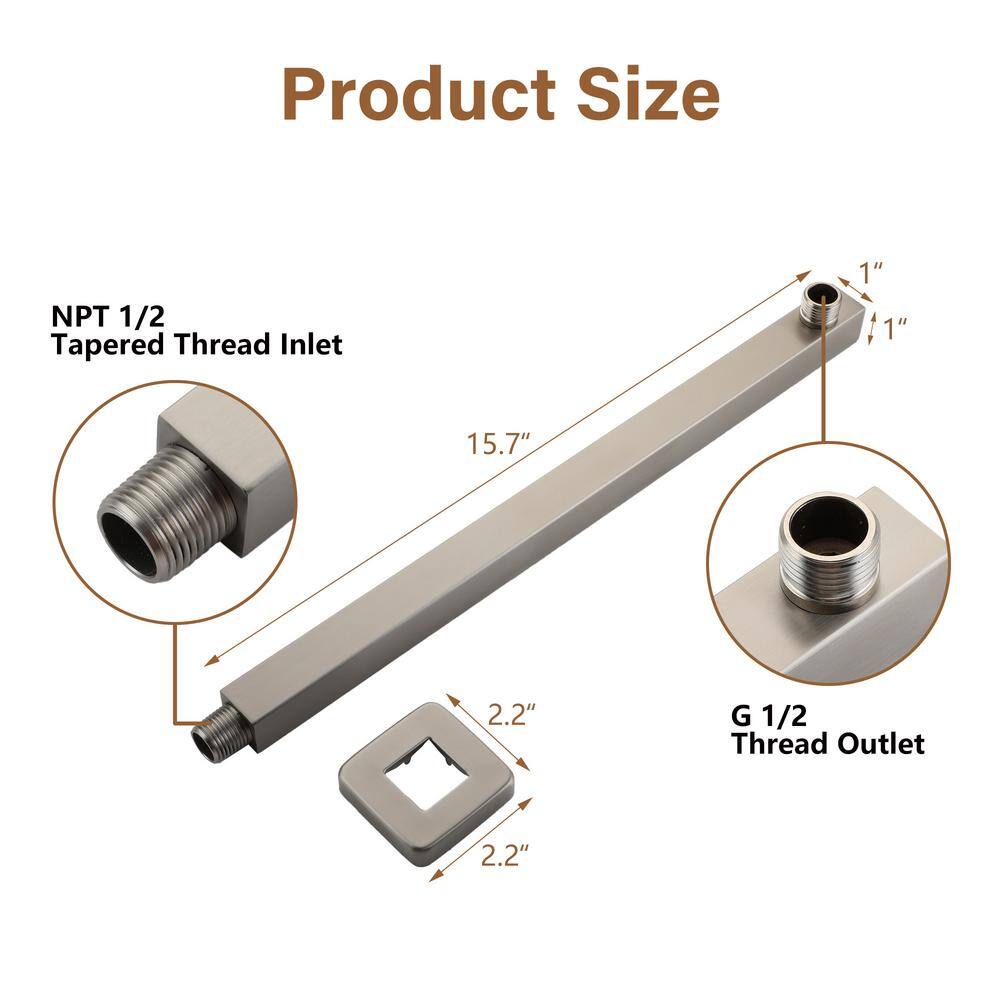 16" Brushed Nickel Square Wall-Mount Shower Arm