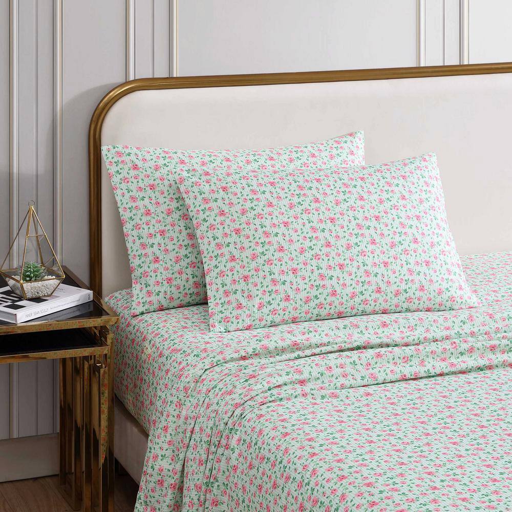 Flower Fun Pink and Green Microfiber Twin Sheet Set
