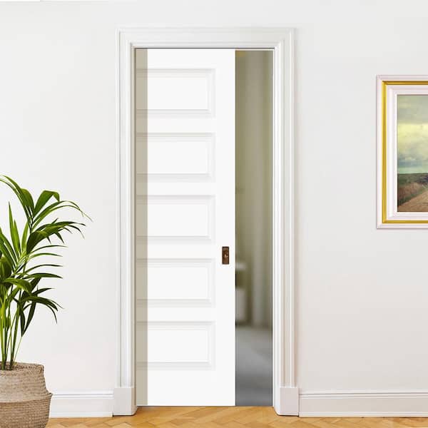 36 in. x 80 in. 5P Molded No Bore Solid Core White Primed Wood Interior Door Slab With Pocket Door Frame Hardware Kit