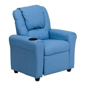 Contemporary Light Blue Vinyl Kids Recliner with Cup Holder and Headrest