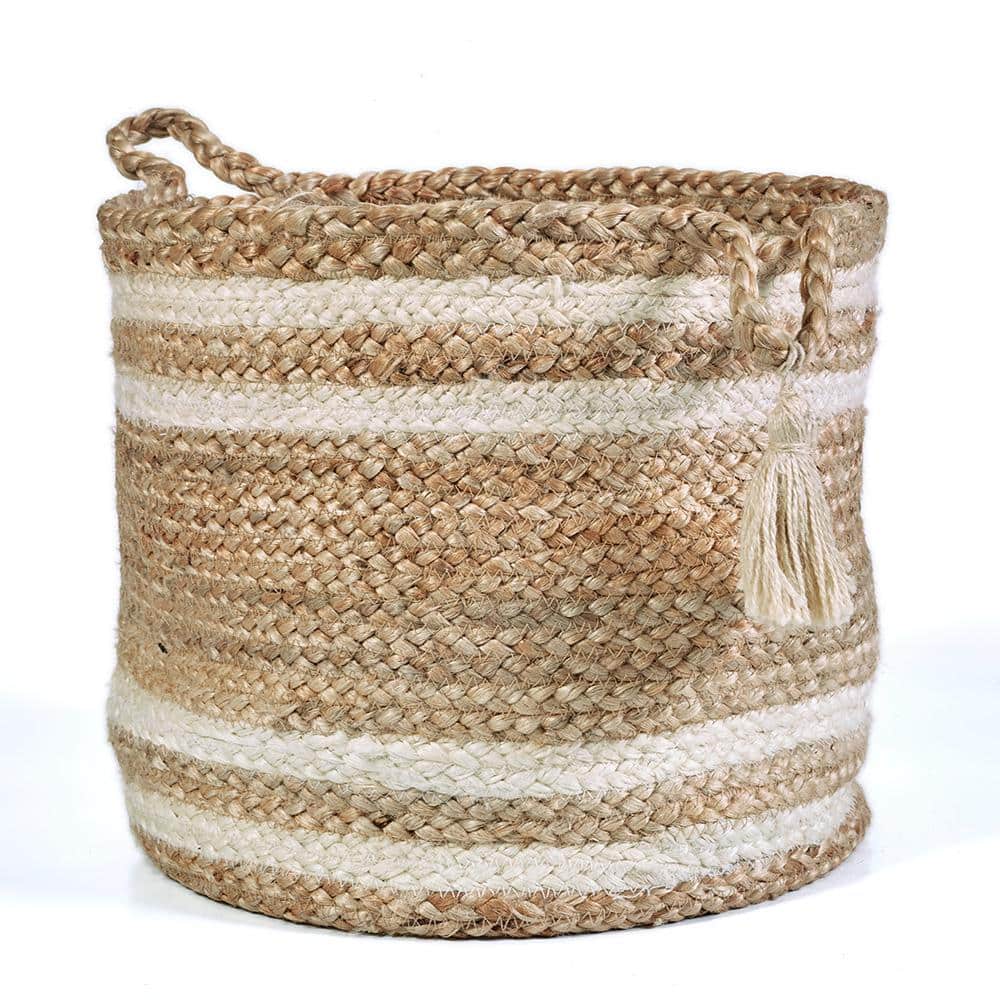 Eco-Friendly Handmade Jute Storage Basket with White Stripes, 19"