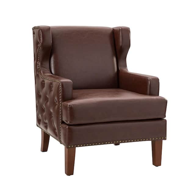 JAYDEN CREATION Enrico Brown Vegan Leather Armchair with Solid Wood Legs