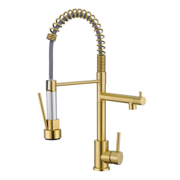 Tahanbath Single Handle Pull-Down Sprayer Kitchen Faucet in Brushed Gold