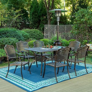 Golden Bronze 7-Piece Cast Aluminum with Round Patio Outdoor Dining Set Table and Stackable Dining Chairs