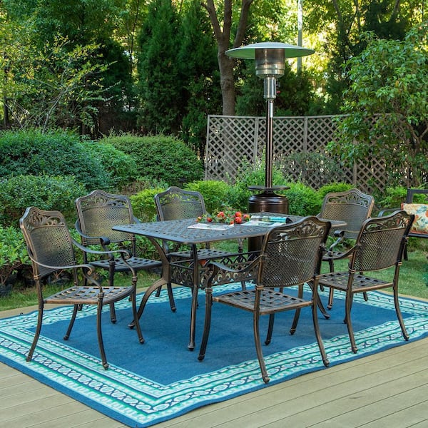 Golden Bronze 7-Piece Cast Aluminum with Round Patio Outdoor Dining Set Table and Stackable Dining Chairs