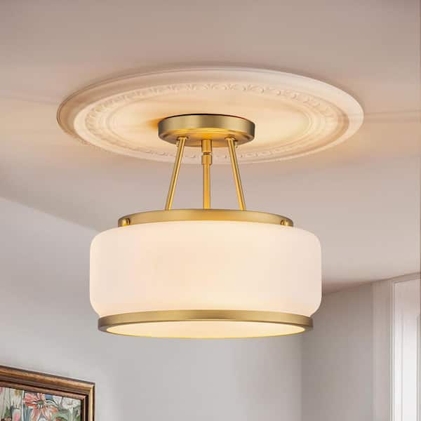 12 in. 3-light Drum Brushed Gold Semi-Flush Mount with Frosted Glass for Foyer Kitchen Bedroom