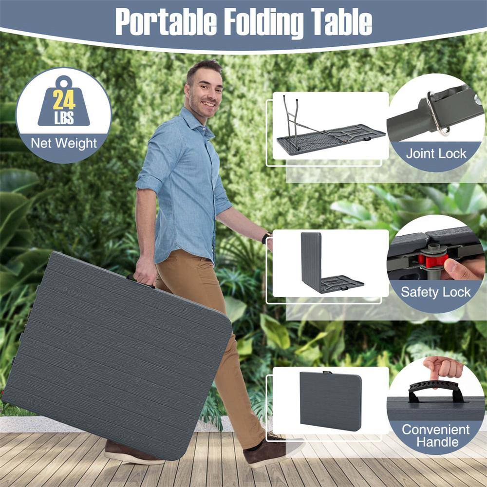 folding table handle and portable features highlighted, compact with carrying case