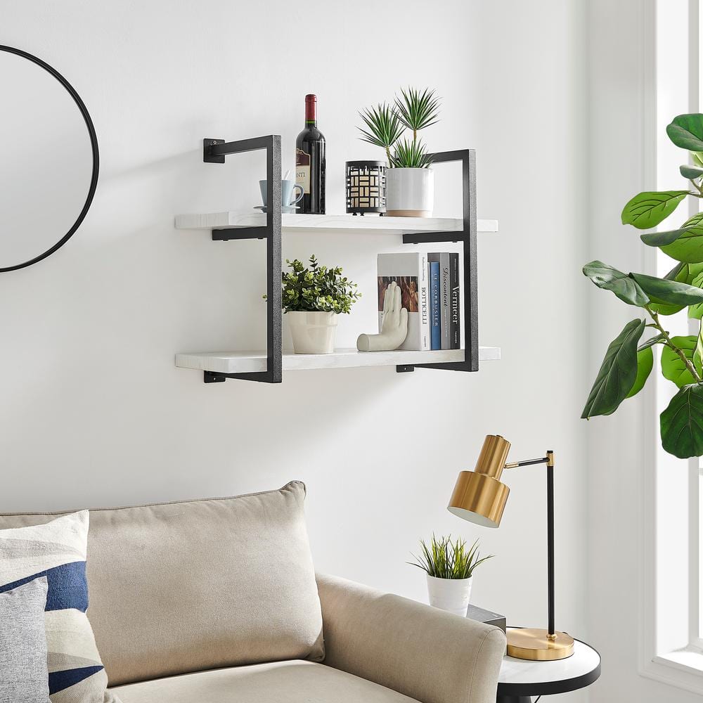 White Birch and Black Iron 2-Tier Floating Wall Shelf