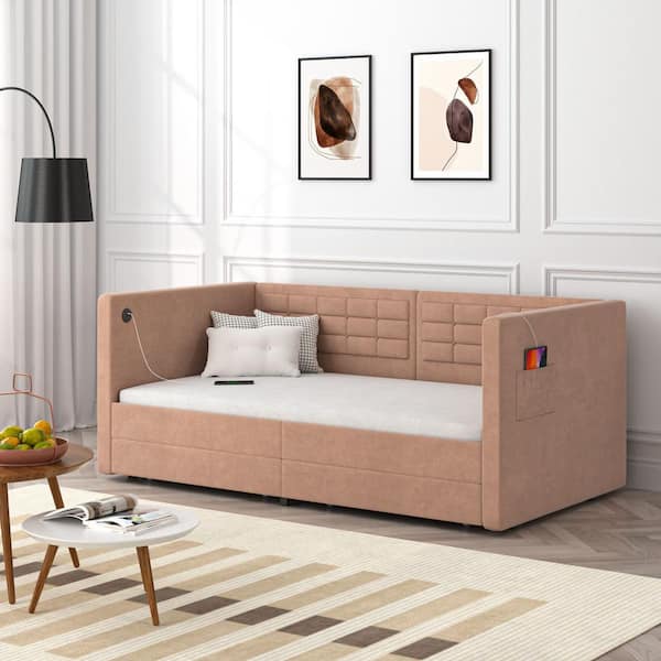 Upholstered Daybed Brown Twin Daybed with Storage Drawers, Button Tufted Headboard and Wood Slat Support Sofa Bed