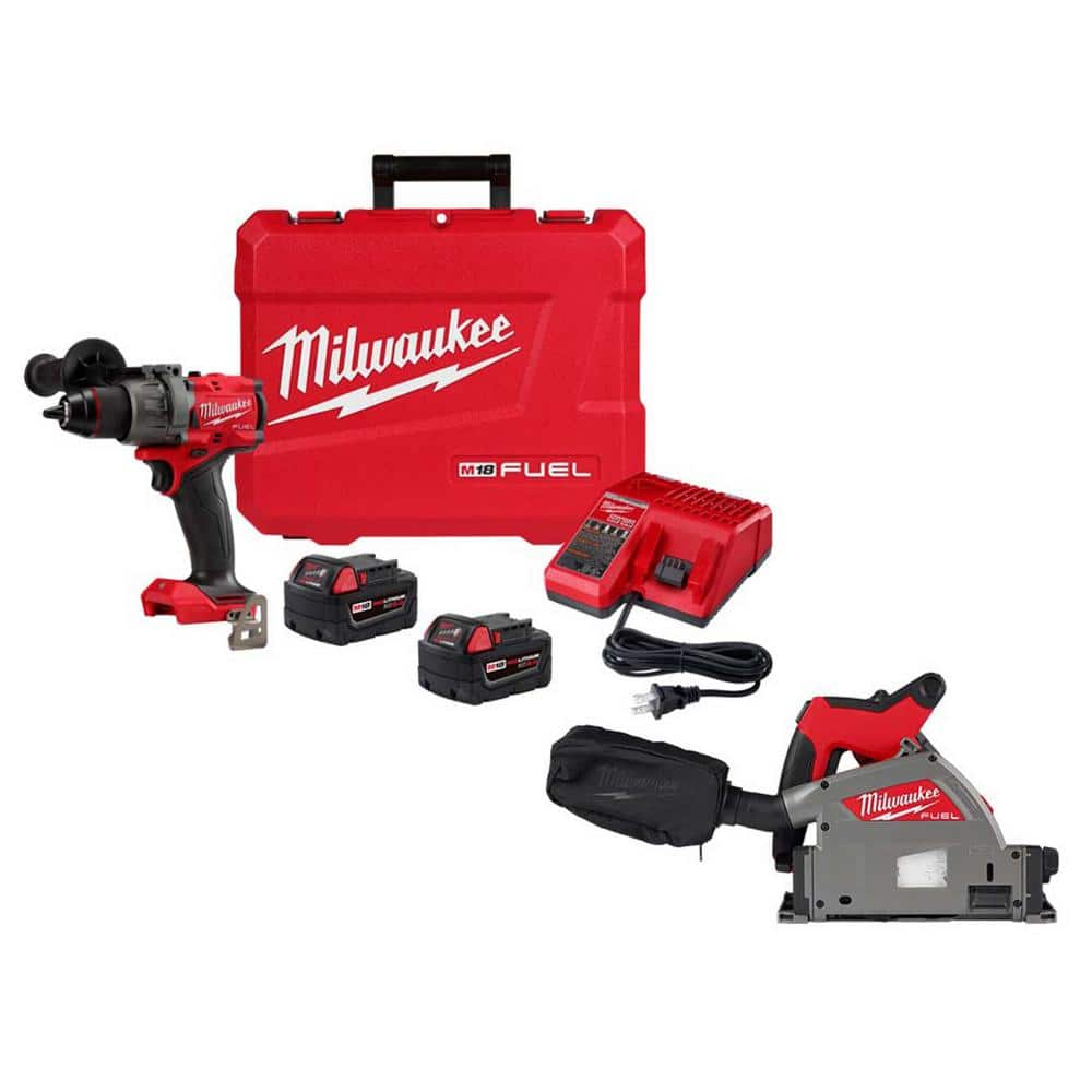 M18 FUEL 18V Lithium-Ion Brushless Cordless 1/2 in. Hammer Drill Driver Kit w/6-1/2 in. Plunge Cut Track Saw -  Milwaukee, 2904-22-2831-20