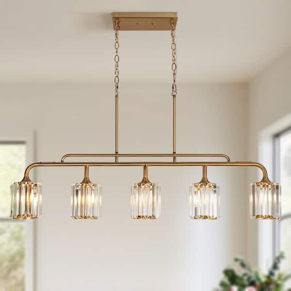 47.2 in. W 5-Light Plated Brass Island Linear Crystal Chandelier, Large Modern Glam Kitchen Dining Room Cylinder Pendant