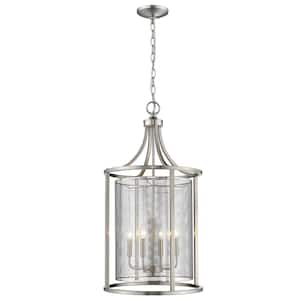 Verona 17.99 in. W x 34.25 in. H 4-Light Brushed Nickel Pendant Light with Steel Cylinder Mesh Shade