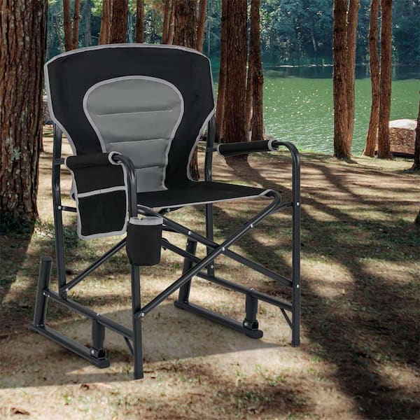 Outdoor Rocker Camping Chair for Adults with Dual Springs Padded Back Black