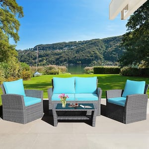 4-Pieces Patio Rattan Conversation Set Outdoor Furniture Set with Turquoise Cushions