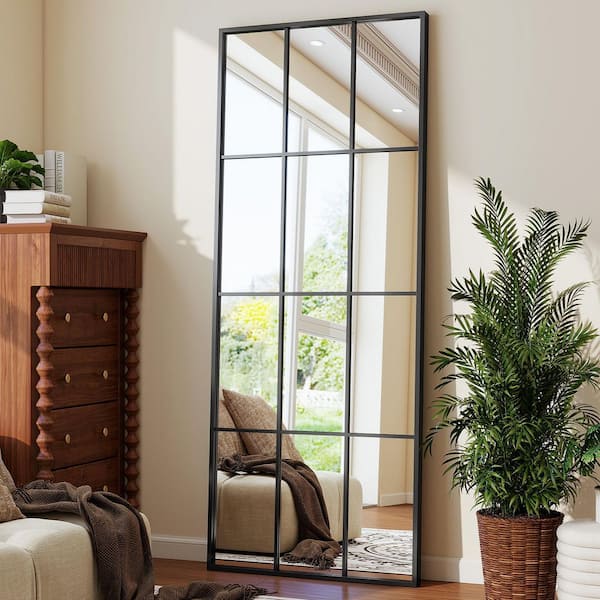 Black 24 in. W x 65 in. H Rectangular Windowpane Modern Aluminum Alloy Framed Full Length Mirror Floor Mirror
