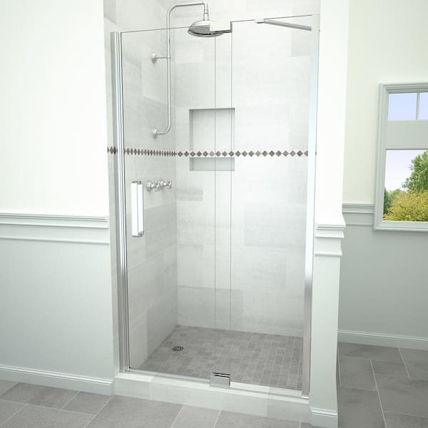 Tile Redi Redi Swing 5200 41 in. W x 76 in. H Semi-Frameless Pivot Shower Door in Polished Chrome with Handle and Clear Glass