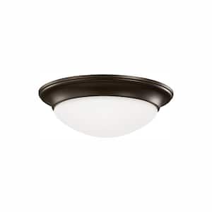 Nash 14 in. 2-Light Bronze Classic Contemporary Flush Mount with Satin Etched Glass Twist-Lock Shade and LED Bulb