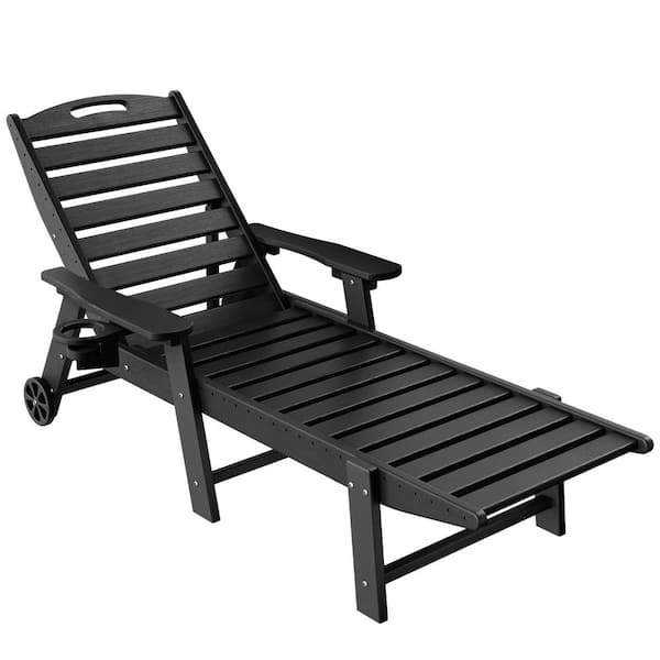 Lounge Chair Ourdoor with 6-Position Adjustable Back, HDPE Patio Chaise with Wheels and Cup Holder, Black