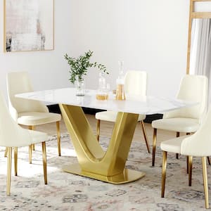 70.87 in. White Sintered Stone Tabletop Bottom V Gold Pedestal Base Dining Table (Seats 6)