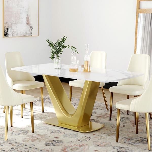 Magic Home 70.87 in. White Sintered Stone Tabletop Bottom V Gold Pedestal Base Dining Table (Seats 6)