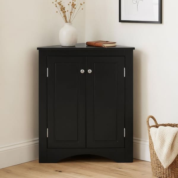 17 in. W x 17 in. D x 32 in. H Black Freestanding Linen Cabinet, Triangle Storage Cabinet with Adjustable Shelves
