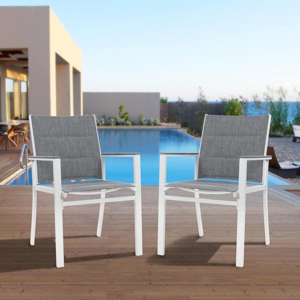 Brown Powder-Coated Aluminum Dining Chair with Gray Cushions - Set of 2