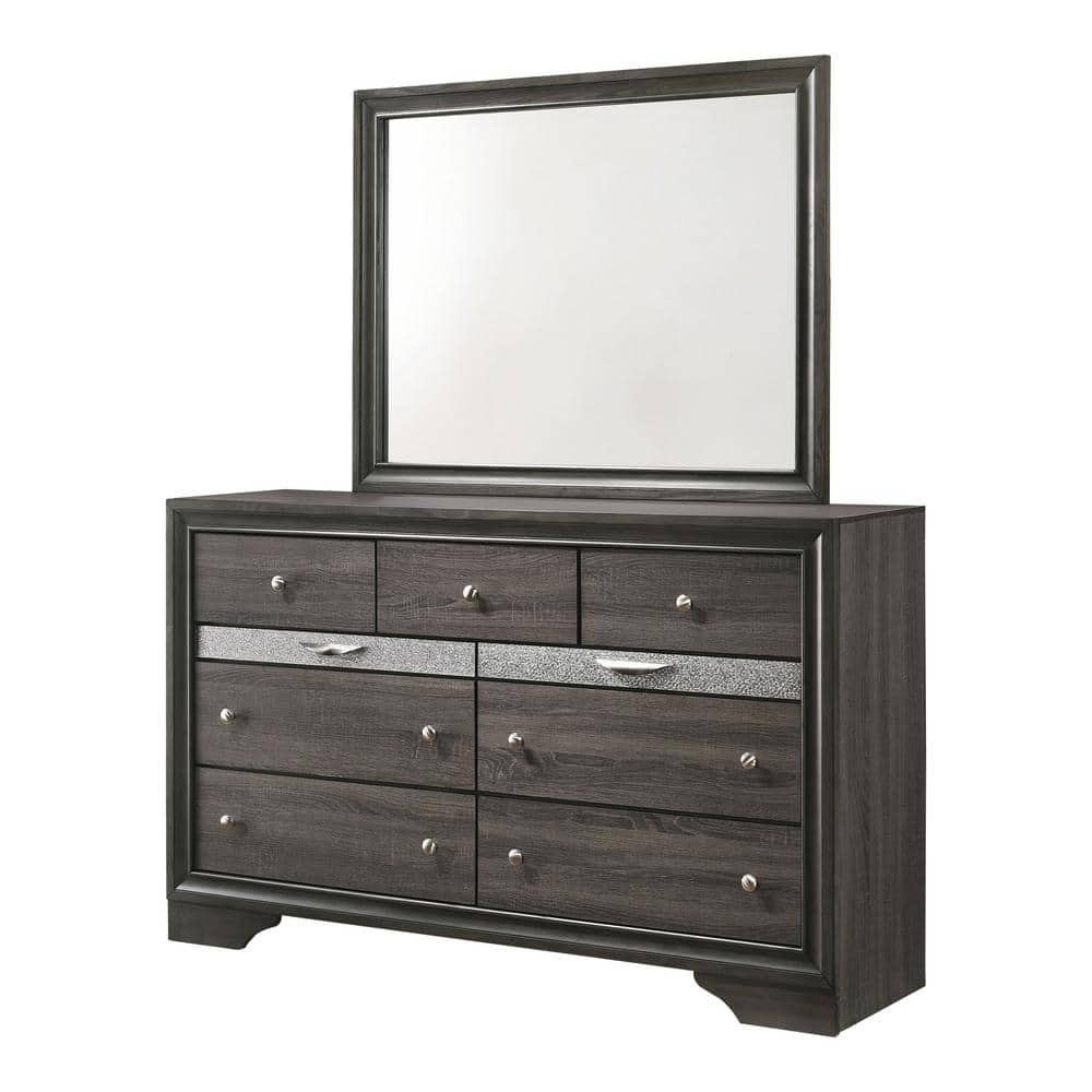 2pc Ekon Gray 9-Drawer 63 in. Wide Dresser with Mirror and Jewel Drawers -  Furniture of America, IDF-7552GY-DM