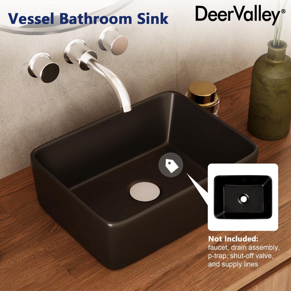Black Ceramic Rectangular Vessel Bathroom Sink, 16'' x 12''