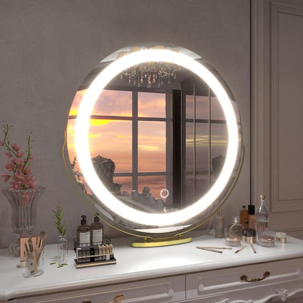 19 in. W x 19 in. H Round 3-Color-LED Touch Screen, Makeup Dimmable Lighted Mirror for Tabletop in Gold Frame