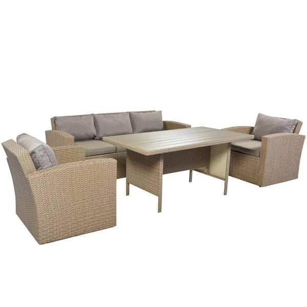 Willit 4-Piece Wicker Patio Conversation Sectional Seating Set with Gray Cushions