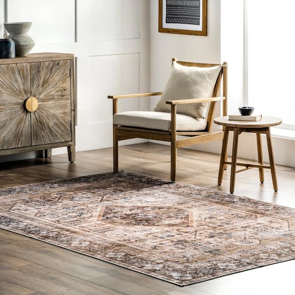 Devin Machine Washable Vintage Medallion Light Brown Doormat 3 ft. x 5 ft. Accent Rug Area Rug