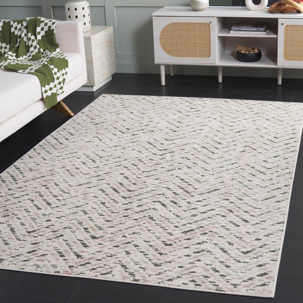 Ivory and Dark Green Chevron Rectangular Area Rug