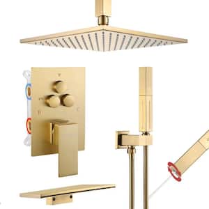 Single Handle 3-Spray Patterns Shower 10 in. Square Ceiling Mounted Shower 1.8 GPM with Pressure Balance in Brushed Gold