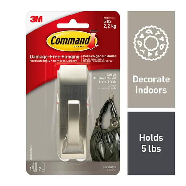 5 lb. Large Brushed Nickel Metal Hook (1 Hook, 2 Strips)