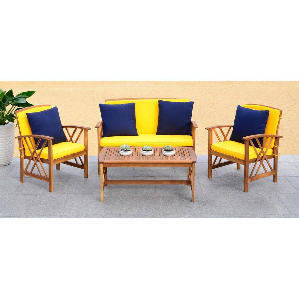 Fontana Natural Acacia Wood 4-Piece Patio Set with Yellow Cushions