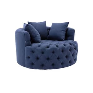 Navy Blue Linen Fabric Swivel Upholstered Barrel Living Room Chair With Tufted Cushions