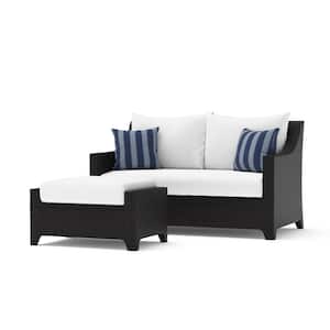 Deco Wicker Outdoor Loveseat with Ottoman and Sunbrella Centered Ink Cushions