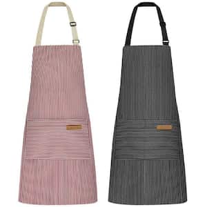 2-Piece Cotton Adjustable Stripe Aprons with 2-Pockets, Pink and Black