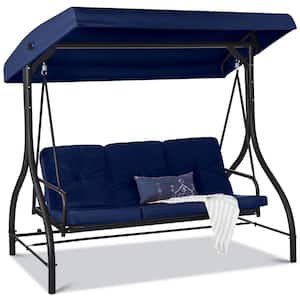 3-Person Metal Patio Swing with Navy Blue Cushions