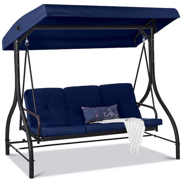 Best Choice Products 3-Person Metal Patio Swing with Navy Blue Cushions