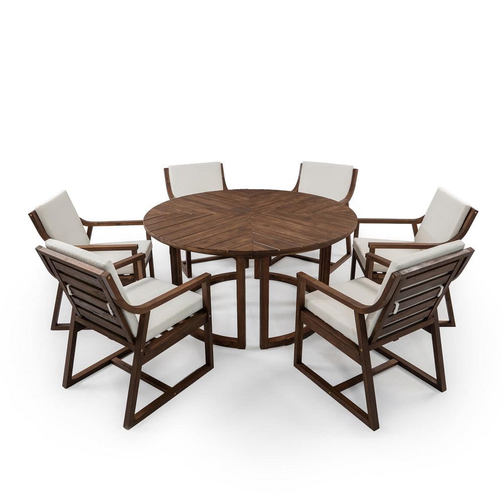 "7-Piece Wicker Mocha Outdoor Dining Set with 1.96"" Umbrella Hole, Outdoor Wooden Patio Furniture Set with Beige Cushion" price history on PriceWatchPro