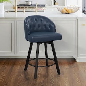 26 in. Navy Blue Faux Leather Metal Frame Upholstered Counter Height Swivel Bar Stools with Bright Silver Rivets