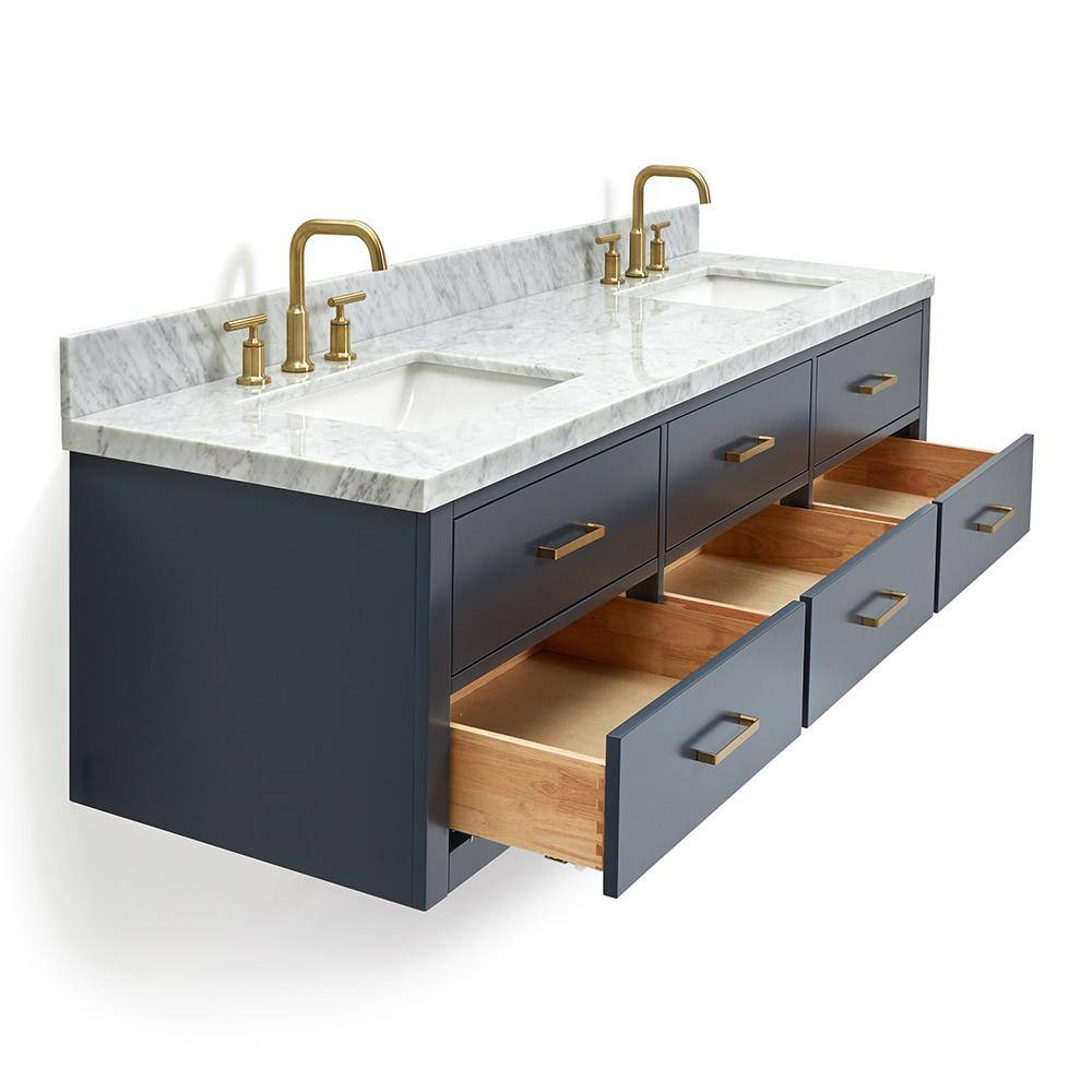Midnight Blue Wall-Mount Double Vanity with Carrara Marble Top