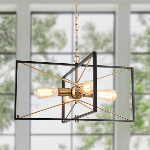 Zevni Connty 4-Light Brass Gold Kitchen Island Chandelier, Modern Farmhouse Black Cage Pendant Light for Dining Room, Entryway