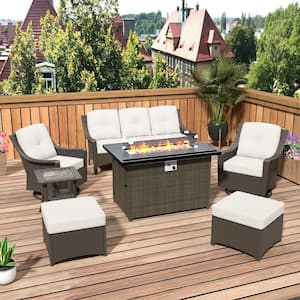 7-Piece Wicker Patio Conversation Set with Fire Pit Table, Beige Cushions, and Swivel Chairs