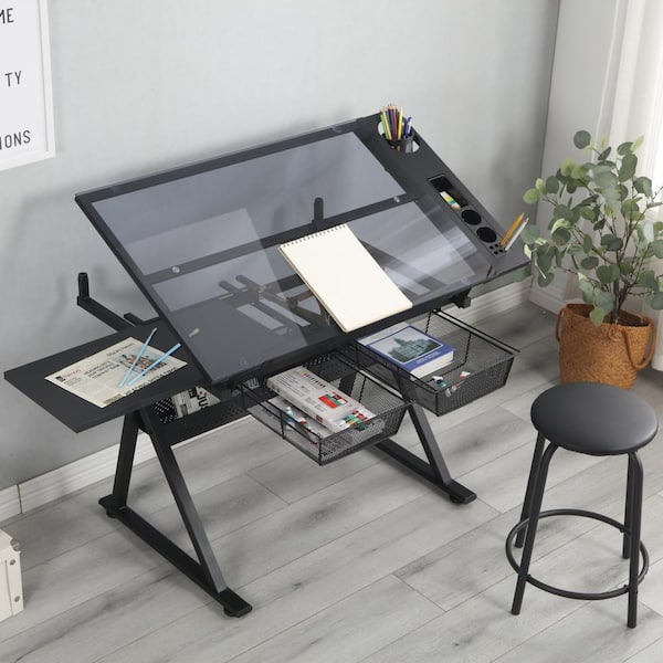 CSC DECOR INC 38.5 in. Rectangular Black Tempered Glass Adjustable Drafting Table Drawing Desk with 2 Drawer and Chair