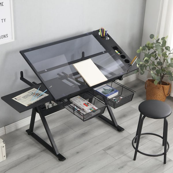 Unbranded 38.5 in. Rectangular Black Tempered Glass Adjustable Drafting Table Drawing Desk with 2 Drawer and Chair