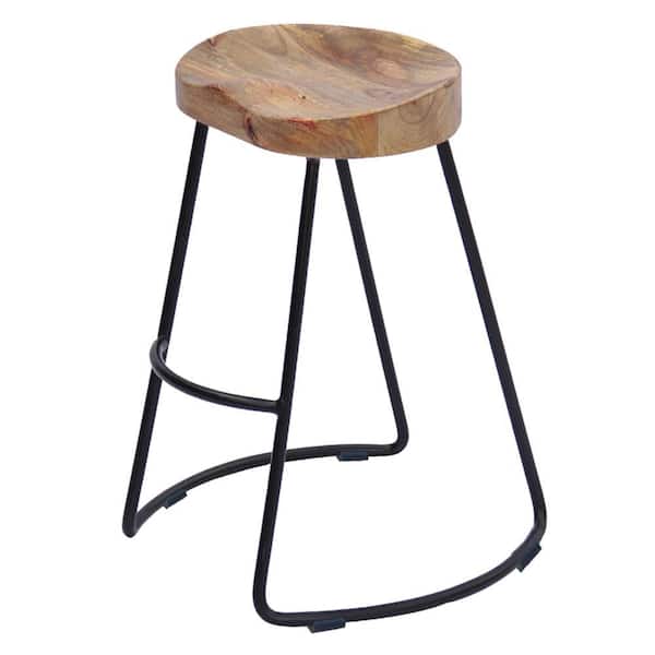 THE URBAN PORT Ela 24 in. Brown and Black Backless Metal Frame Counter Height Stool with Wooden Seat