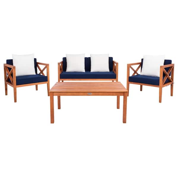 Nunzio Natural Brown 4-Piece Wood Patio Conversation Set with Navy Cushions